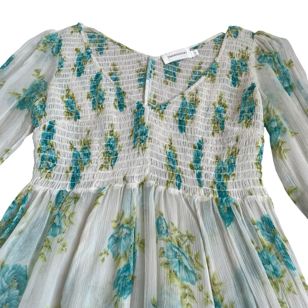 Zimmermann Silk Green White Floral Smocked Babydoll Mini Dress Size 1 M No Liner - Picture 13 of 16